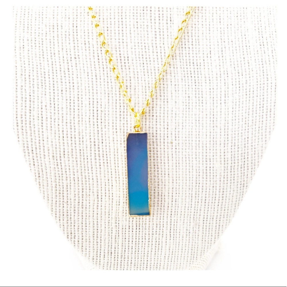 NWT Handmade Blue Agate Bar Pendant 18k Gold Filled Chain Necklace​
